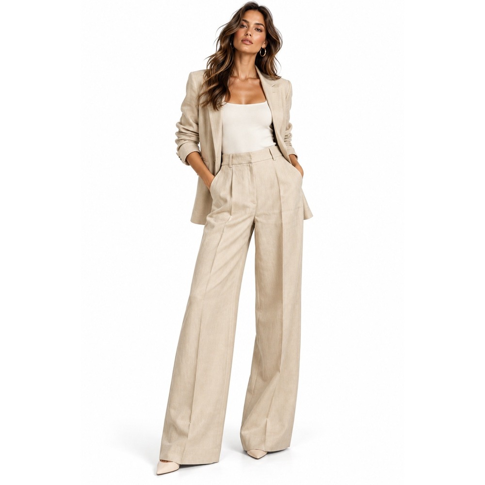 H&M Women Beige Linen Blend Wide Leg Pleated High Rise Trousers Pants Size 4 NEW